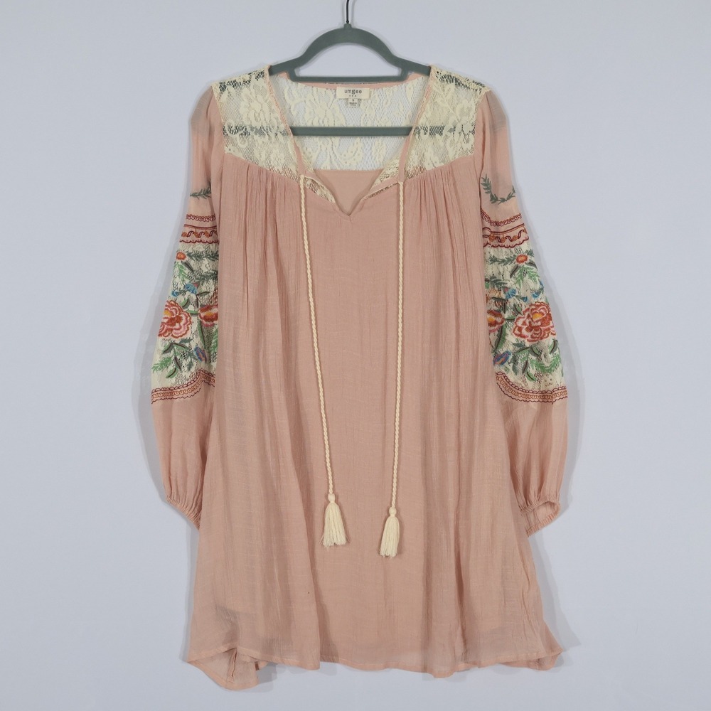 Umgee Tunic Dress Womens Small Pink Embroidered Lace Boho Babydoll Cottagecore